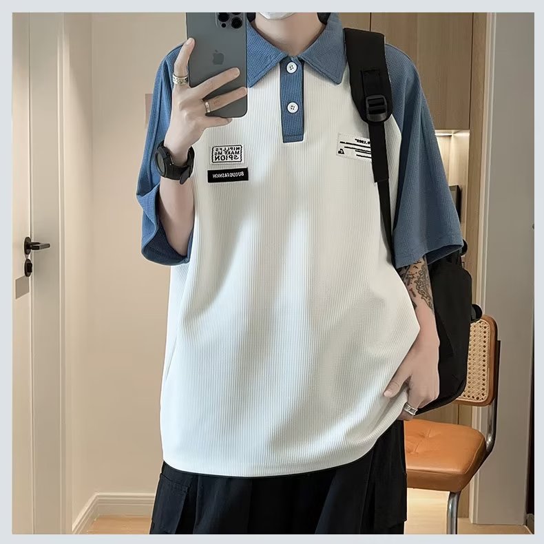 华夫格polo衫男短袖夏季潮牌撞色休闲百搭翻领宽松T恤PL015-P33,男装Polo衫,星座308B-2