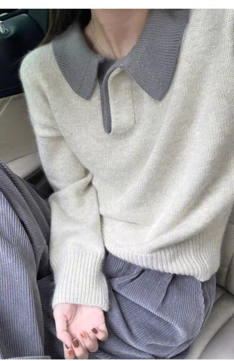 2025秋冬新款百搭时尚舒适简约翻领针织衫，女装针织衫/毛衣，秀阁羊绒