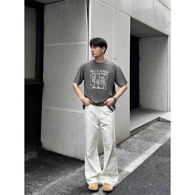 慵懒风冬加厚白色牛仔裤男美式高街阔腿裤子男休闲cleanfit微喇裤,男装牛仔裤,星座506A