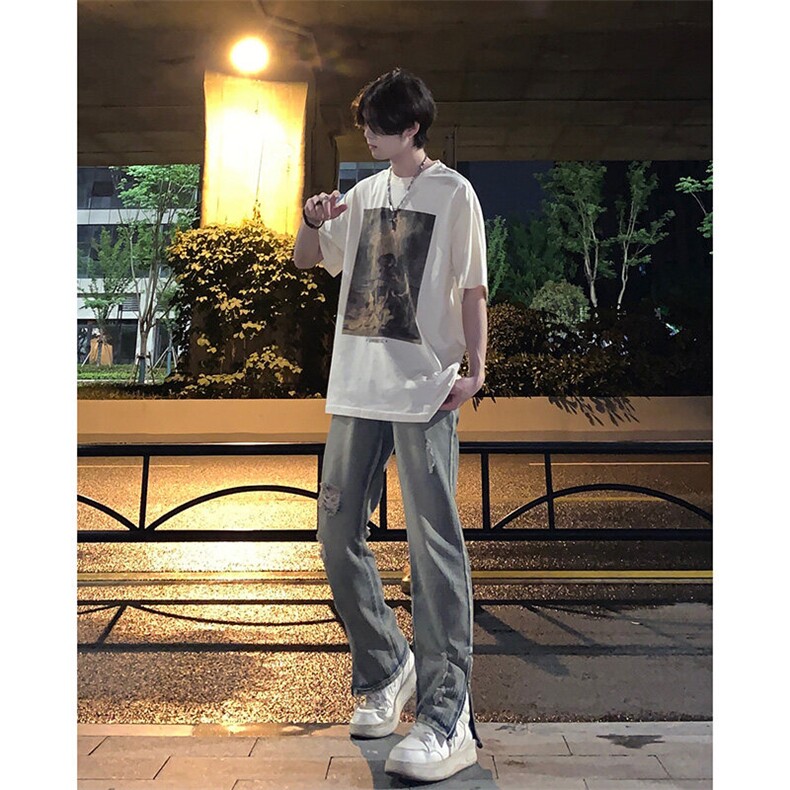 欧美hiphop街头破洞牛仔裤直筒微喇叭修身vibe美式乞丐裤潮牌,男装牛仔裤,星座310A-4