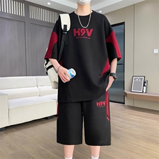 港风套装男休闲宽松时尚拼接色圆领短袖T恤短裤两件套-TZ1718-P57，男装牛仔裤，星座310B-3