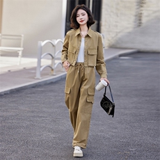 时尚休闲工装风两件套女宽松显瘦长袖上衣+高腰阔腿裤套装，女装套装/套裙，红依一坊