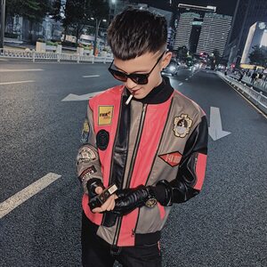 痞帅潮流彩条拼接社会小伙韩版机车水洗皮衣夹克 D1116-P125控155图片