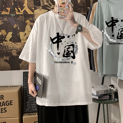 YT26134-P30 亚麻短袖t恤男大码五分袖男宽松七分袖 海报风图片