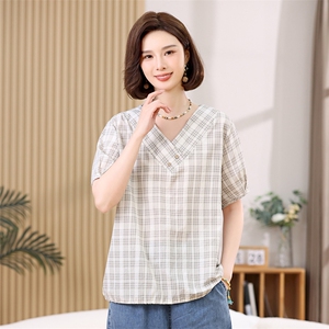 V领垂感天丝衬衫2025新款女士冰丝短袖复古格子衬衣中年妈妈上衣图片