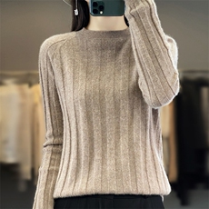 羊毛宽条圆领2024年秋季长袖套头纯色羊毛衫，女装羊毛衫，丹芙娇羊绒