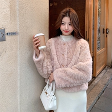 浅粉色秋冬皮毛一体外套女仿水貂绒休闲上衣2C353--716#P180K268，女装短外套，2C353