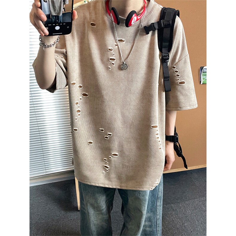 美式破洞短袖T恤男夏季潮牌半袖衣服宽松重磅体恤衫T3650-特价P33,男装T恤,电商A007