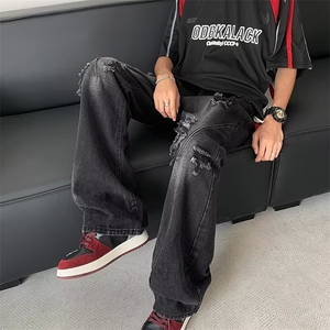 美式风复古阔腿牛仔裤男新款宽松百搭破洞设计感直筒裤子7066/P42图片