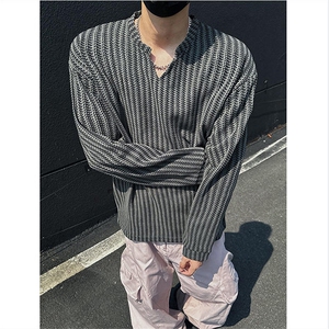 美式高街千鸟格子长袖T恤男女亨利V领英伦雅痞休闲宽松长袖打底衫图片