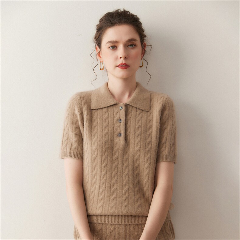 2025年秋季7针POLO领麻花短袖，女装T恤，溪贝羊绒