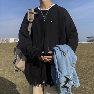 2023秋冬季新款韩版宽松毛衣百搭潮流破洞不对称针织衫 M884-P41图片