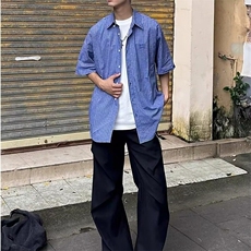 【网图现货】美式复古短袖蓝格宽松衬衫CS348/P32，男装衬衫，星座205-3