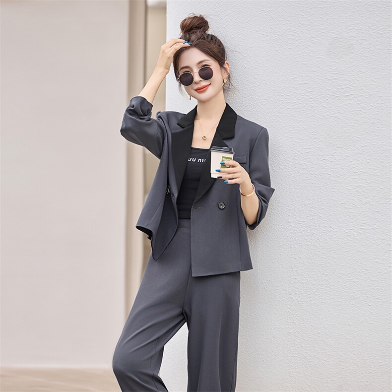 撞色西装领双排扣外套+阔腿裤两件套2531P165,女装套装/套裙,乐衣轩