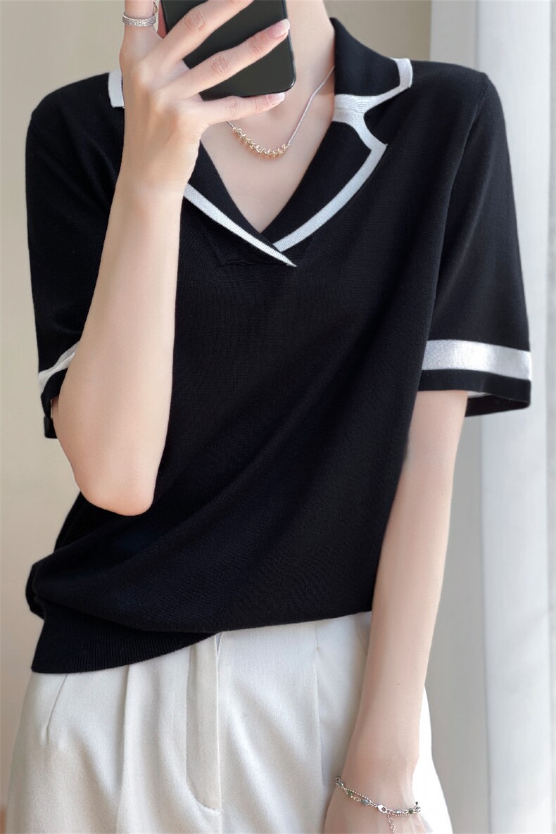 短袖t恤女夏季2024新款遮肚子宽松POLO衫薄款冰丝体恤针织衫上衣,女装T恤,雪真羊绒
