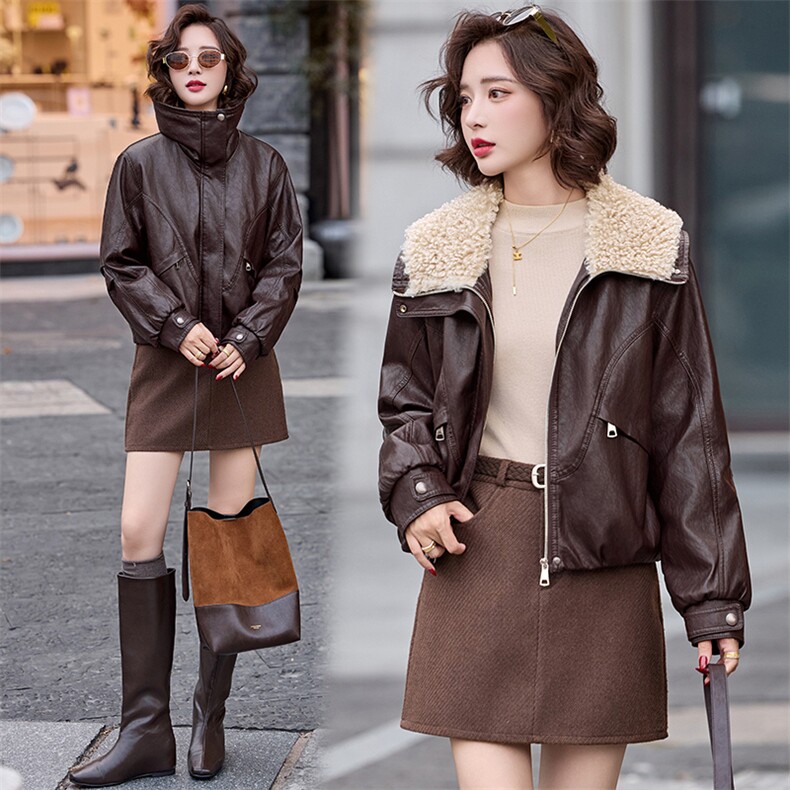 2025冬装新款简约时尚大翻领加绒皮衣外套，女装皮衣，魅丽静蓝