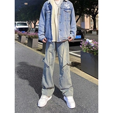 博主图黄泥牛仔裤男微喇叭设计感绑带水洗做旧裤子-KZA44-P63，男装牛仔裤，星座1007（原301D）