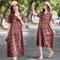 时尚洋气印花棉麻连衣裙女2025夏季新款宽松显瘦减龄休闲气质裙子，女装连衣裙，依万里