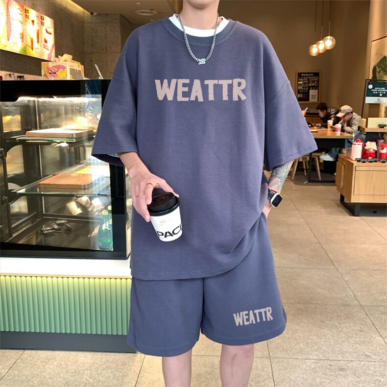 ！2025夏季新款男士华夫格短袖套装学生一套HTZ96P50,男装T恤,电商B220