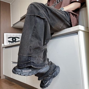 DN608-P65美式做旧水洗抓痕牛仔裤男高街小众宽松直筒阔腿裤潮牌图片