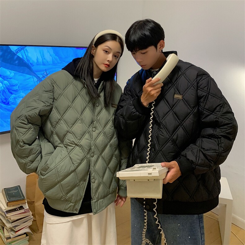 wassuphappy国潮菱形格棉衣男冬季加厚棒球棉服保暖情侣防寒棉袄，男装棉衣，星座1506-1