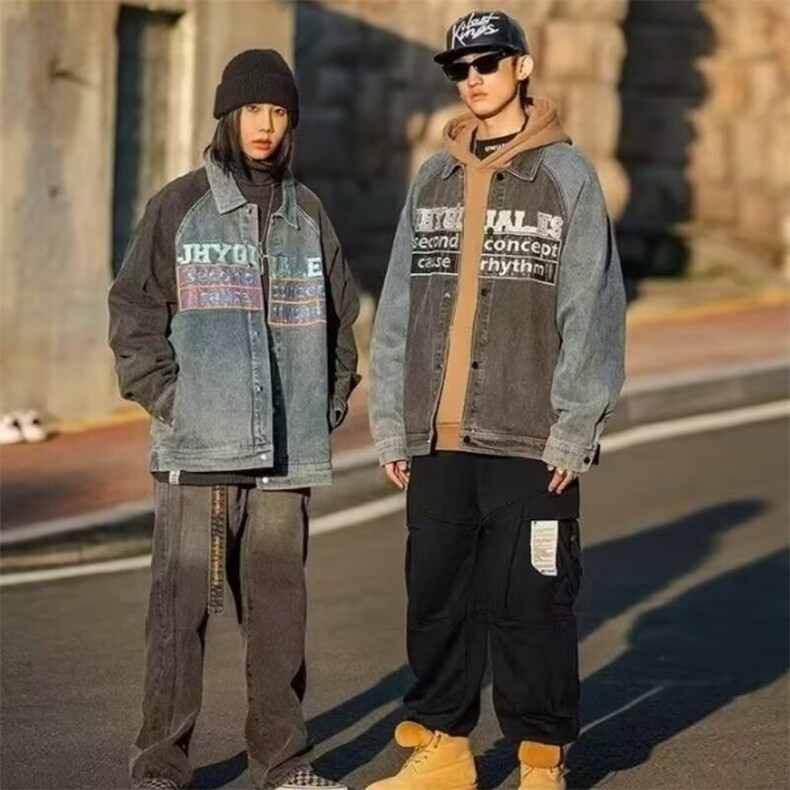 Y8011-P45 日系潮流拼接撞色牛仔夹克男情侣装图片