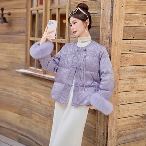 2025年新中式冬季90绒袖口狐狸毛可脱下短款羽绒服外套女图片