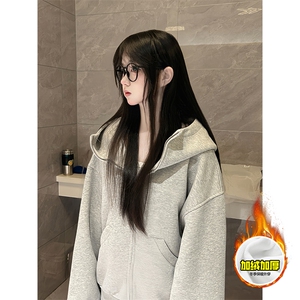 480G重磅加绒硬挺boxy 男女秋冬美式高街防风高领卫衣开衫厚外套图片