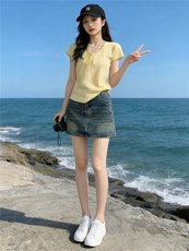时尚气质套装裙女夏季新款显瘦V领蕾丝拼接针织衫牛仔短裙两件套，女装套装/套裙，江南