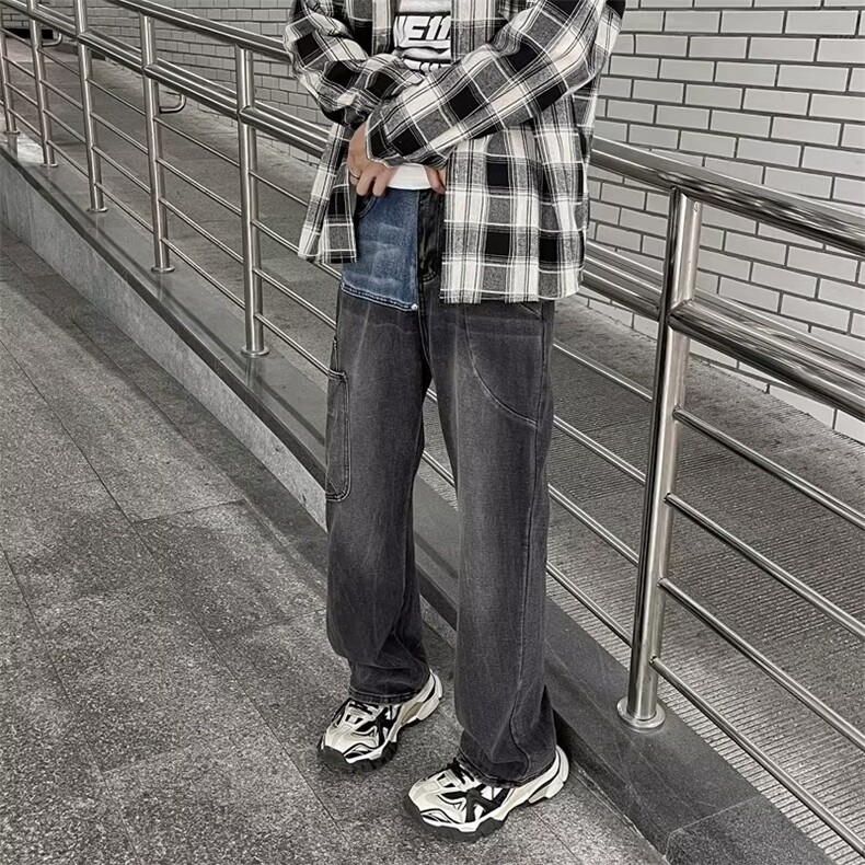黑灰色拼接工装牛仔裤男秋季潮牌机能美式街头高街2025潮男秋冬,男装牛仔裤,四季星座505