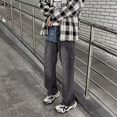 黑灰色拼接工装牛仔裤男秋季潮牌机能美式街头高街2025潮男秋冬，男装牛仔裤，四季星座505