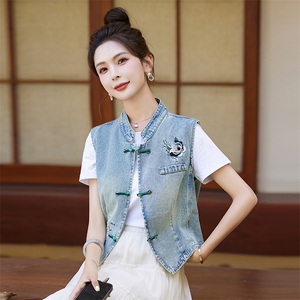 现货2024春季新款无袖百搭牛仔马甲新中式坎肩马甲外套女刺绣上衣图片