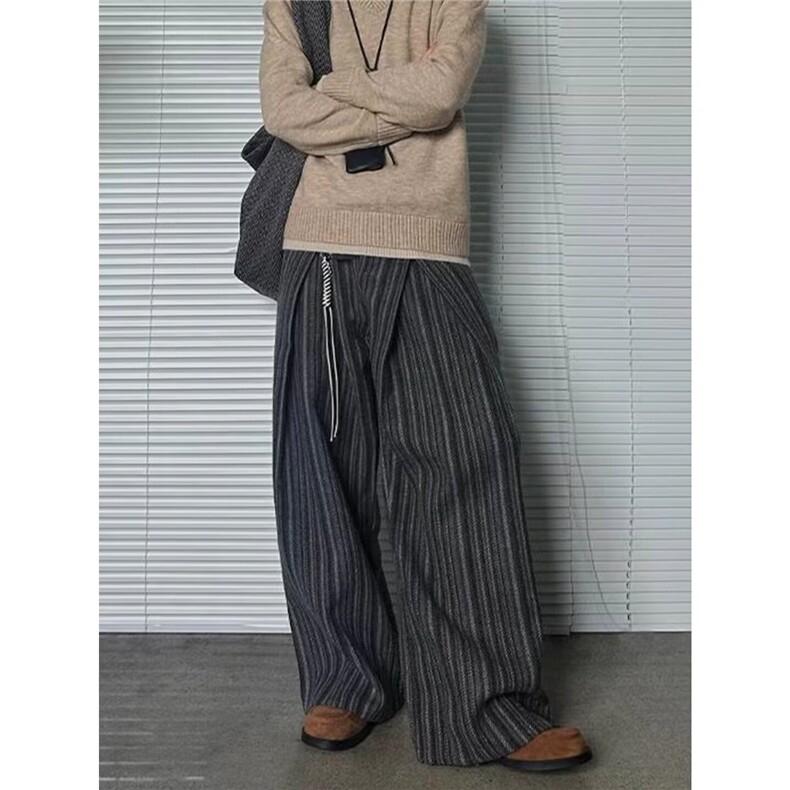 秋冬老钱风条纹呢料皱褶解构设计休闲裤百搭新款西裤LB0011-P58，男装西裤，星座1008