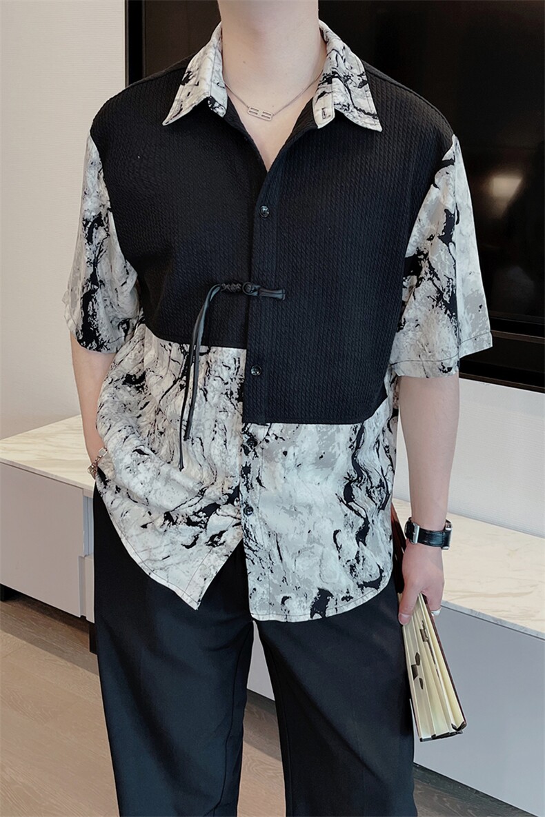 夏季新中式风水墨画假两件拼接痞帅短袖衬衫男宽松衬衣0905-P53,男装T恤,电商B267