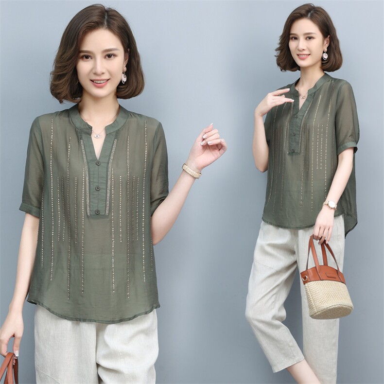 时尚休闲镶钻V领上衣女夏季新款宽松显瘦短袖雪纺衫气质百搭衬衣，女装衬衫，依恋蒂丝