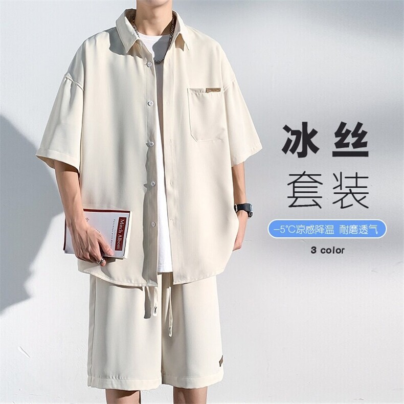 特批P50无差价夏短袖衬衫短裤男大码垂坠感薄款运动休闲套装TZ053图片