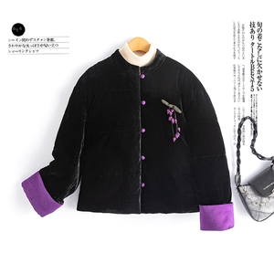水衣源2801A款丝绒料新中式短款拼色小立领加厚保暖羽绒服女图片