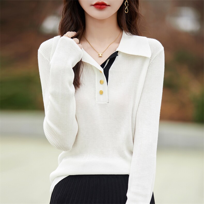 翻领拼色精纺羊毛衫女春秋新款坑条长袖针织毛衣宽松百搭上衣打底，女装针织衫/毛衣，东远绒业