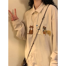 美式复古灯芯绒猫咪刺绣长袖衬衫男女春秋冬宽松休闲衬衣上衣外套，男装衬衫，星座516A