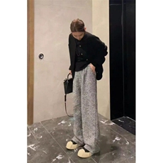 千鸟格裤子男春季美式小香风休闲裤青少年日系复古潮流宽松阔腿裤，男装休闲裤，星座506A