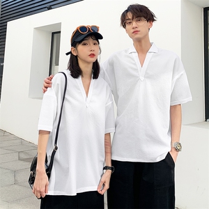 夏季现货主推大码港风情侣翻领透气休闲百搭短袖T恤男T607P33图片