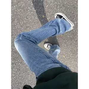 7715-P38 冰蓝色闪电裂纹牛仔裤男修身cleanfit微喇裤子潮牌图片