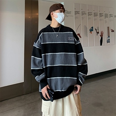 日系复古慵懒风宽松针织衫秋冬季新款条纹撞色毛衣男M1602-P48，男装针织衫/毛衣，星座512-4