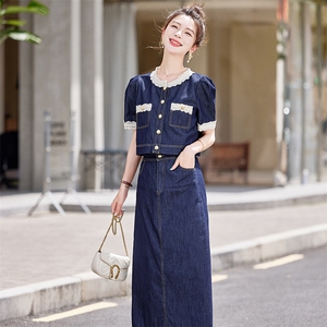 牛仔裙休闲套装女2025夏季时尚新款显瘦薄款短袖上衣半身裙两件套图片
