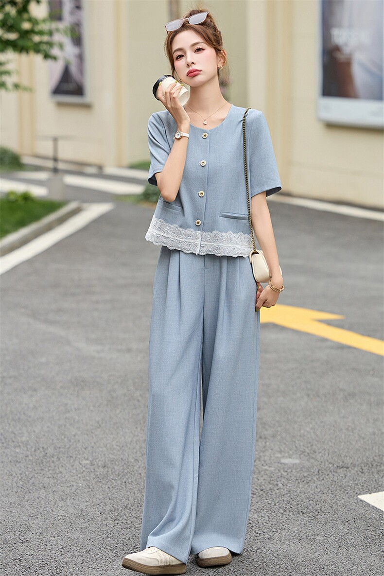 小香风套装女2025夏新款韩系高级感御姐蕾丝短袖阔腿裤一整套穿搭,女装套装/套裙,牡丹诺