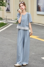 小香风套装女2025夏新款韩系高级感御姐蕾丝短袖阔腿裤一整套穿搭，女装套装/套裙，牡丹诺