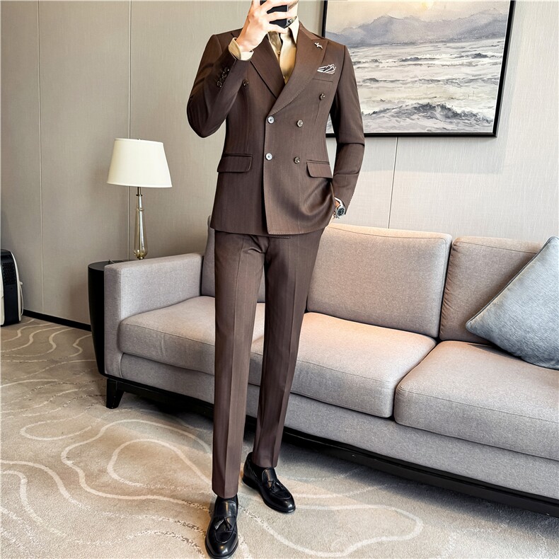 羊毛厚款条纹西服两件套高品质毛呢西装套装男咖啡色LJT8069-P258,男装西服套装,电商A213