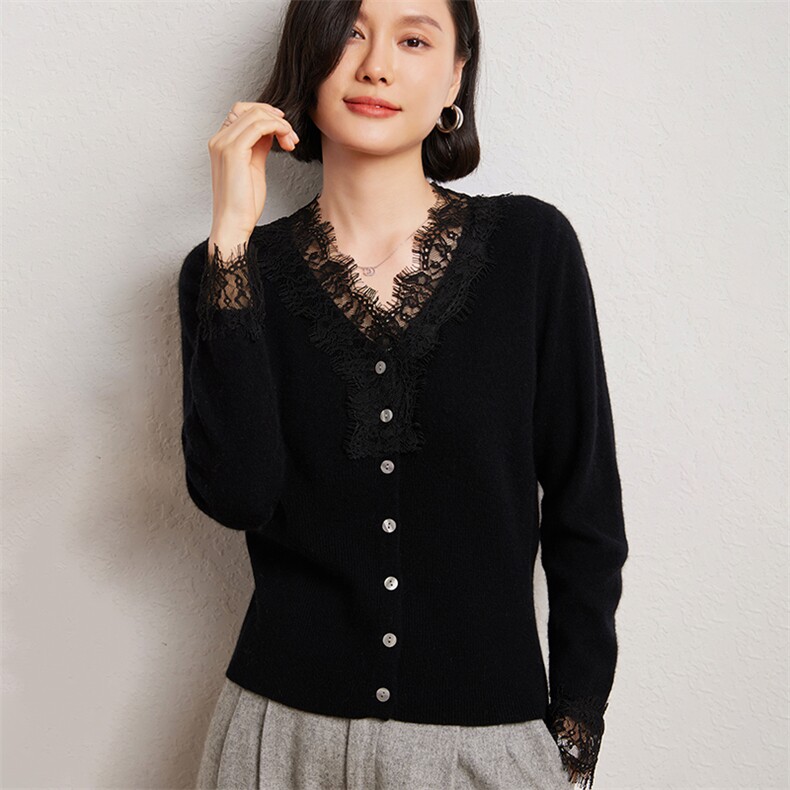 优雅女士V领蕾丝花边开衫显瘦百搭时尚外套,女装羊绒衫,臻维羊绒