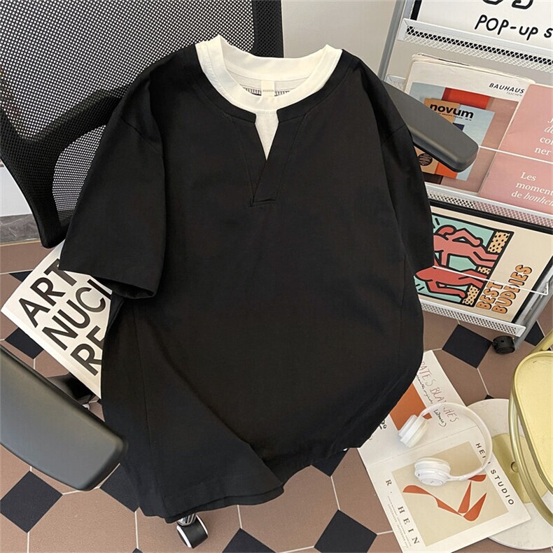 重磅假两件v领短袖t恤男夏季宽松设计感潮牌简约百搭半袖W067-P35图片