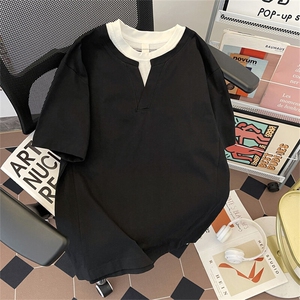 重磅假两件v领短袖t恤男夏季宽松设计感潮牌简约百搭半袖W067-P35图片